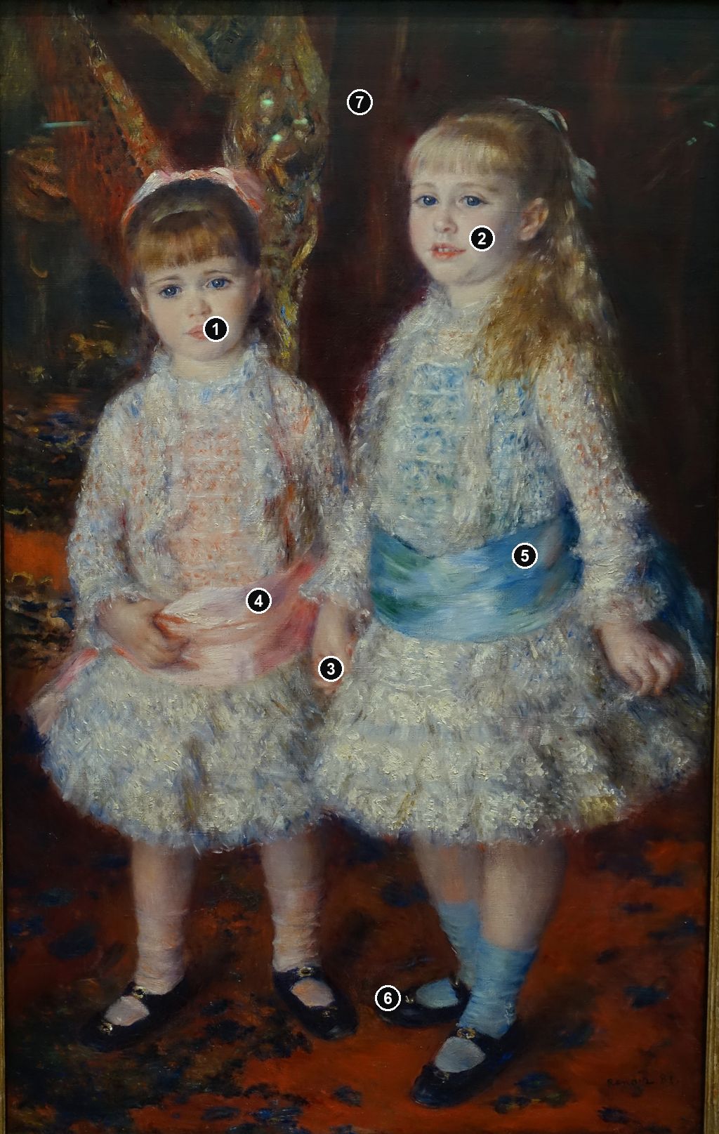 Annotated details from Pink and Blue by Auguste Renoir
